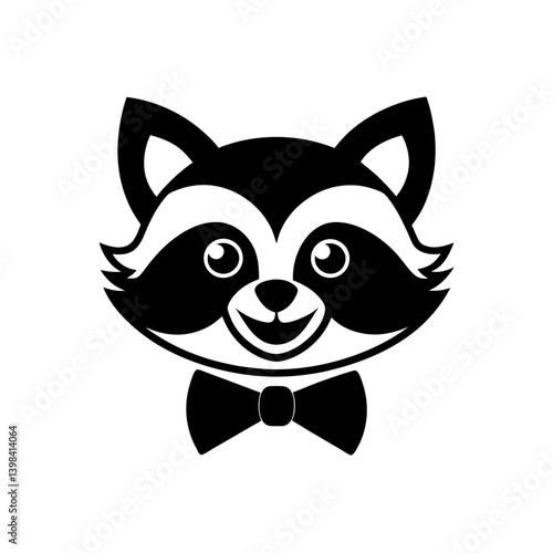 Black Silhouette Cute Kawaii Raccoon Head with Bow Tie and Mischievous Look vector illustration
