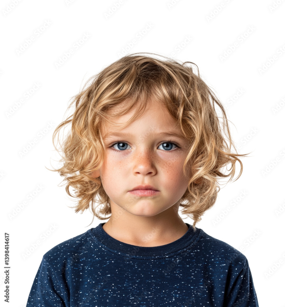 Child portrait emotional expression serious mood natural light. Isolated on transparent background, png.
