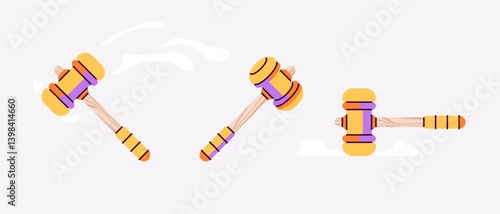 Funny colorful hammer animation. Animation of movement and impact. Clown rubber mallet at the fair. Vector illustration. Flat style. Simple cartoon icon. Wooden texture.