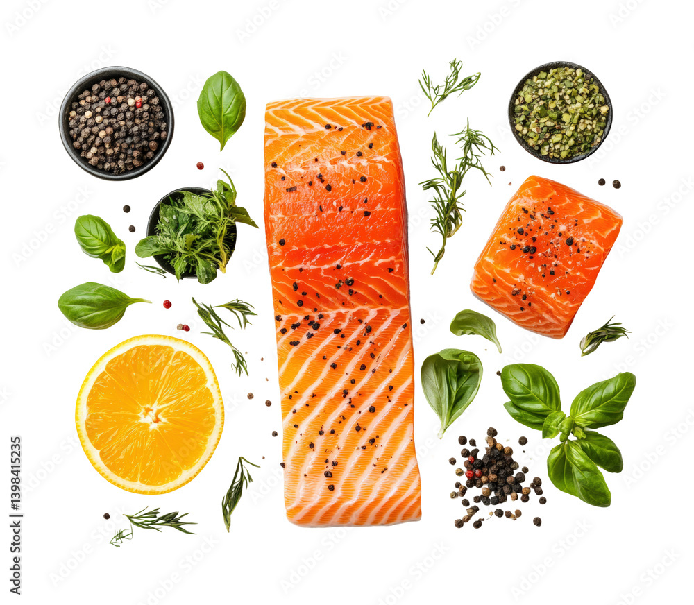 Cooking fresh salmon with herbs and citrus kitchen food bright top view. Isolated on transparent background, png.