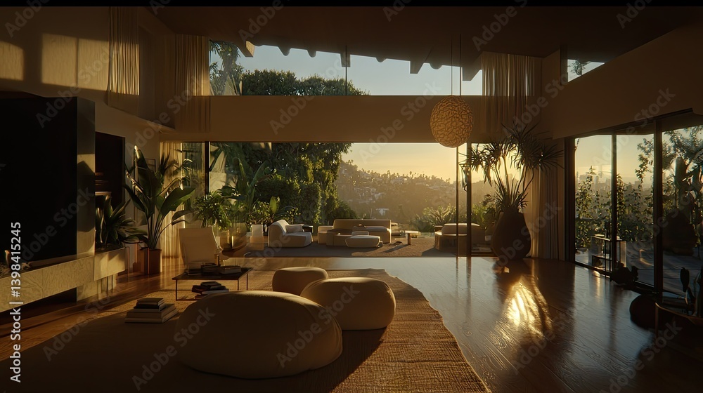 Fototapeta premium A modern living room with an open view to nature