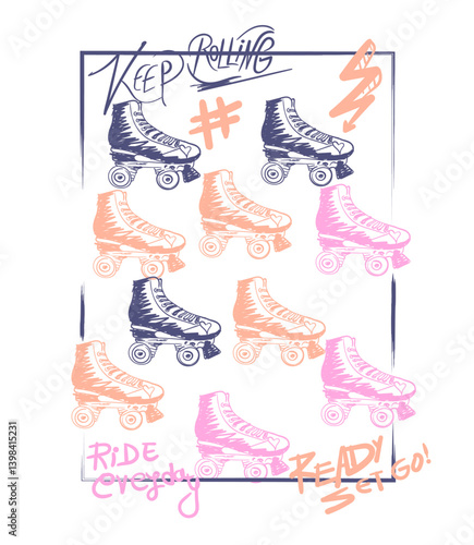 skate t-shirt graphics. Vintage varsity college typography. vintage rolling. Keep Lets Roll slogan grafiti text print for graphic tee t shirt. University, New York typography,