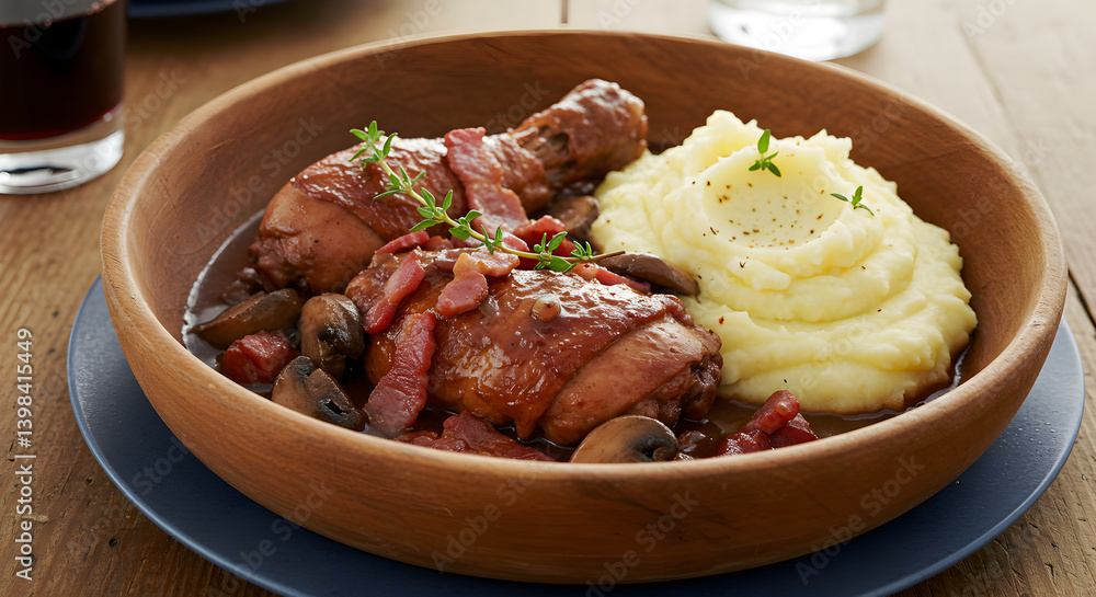 Delicious Coq Au Vin Served With Creamy Mashed Potatoes in Wood Bowl Delicious Coq Au Vin Served With Creamy Mashed Potatoes in Wood Bowl