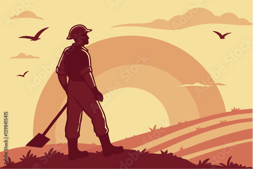 Silhouette of a Worker Against Sunrise Background – Labor Day Tribute Illustration.