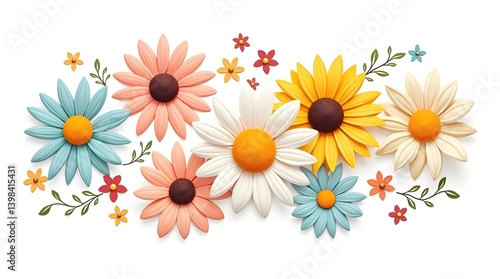 A colourful vector set of spring flowers set against a white backdrop. assortment of springtime-themed sunflowers and daisies in a range of colours for use as decorations and graphic components. Vecto