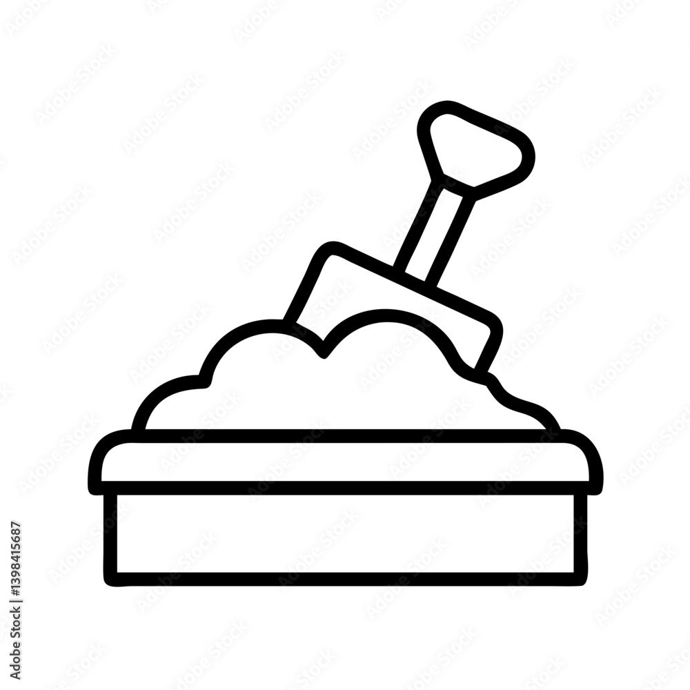 Sand box with shovel vector icon illustration, playground equipment and kids toys outline design Sand box with shovel vector icon illustration, playground equipment and kids toys outline design