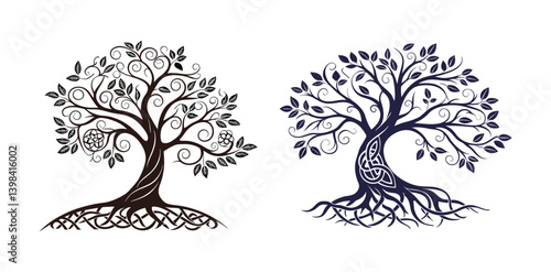 A tree of life silhouette made with swirling roots and leafy branches, infused with Celtic knot designs