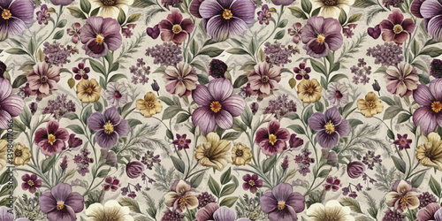 Vibrant floral pattern with purple and cream flowers on a soft background.