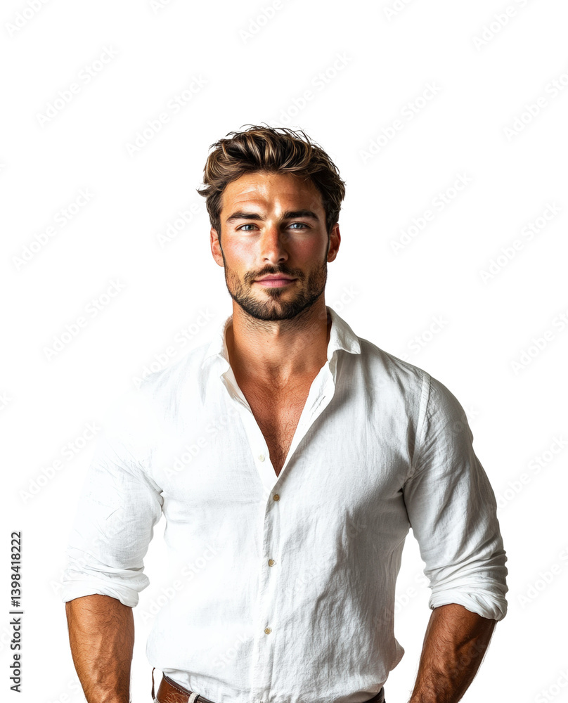 Confident male model portrait headshot fashion focus. Isolated on transparent background, png.