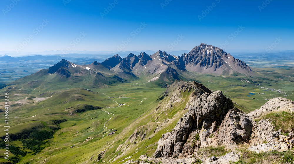 Fototapeta premium Mountainous Landscape With Green Valley And Blue Sky