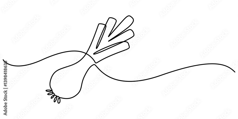 Obraz premium Single one line drawing whole healthy freshness organic leek for plantation logo identity. Fresh ingredient concept for vegetable icon, Leeks, fresh onion stalk vector illustration, background. One.