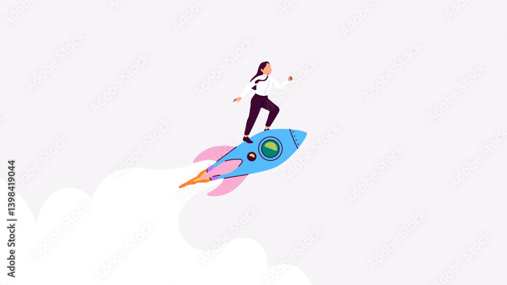 Rocket flying up. Success. Woman in suit. Rocket ship with fire and smoke launch in the sky. Vector illustration. Cartoon flat spaceship icon. Business, start up concept. Successful businesswoman.