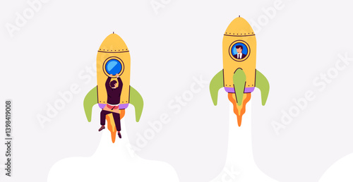 Competition. One rocket flies faster. Success and failure. Rocket ship with fire launch in the sky. Vector illustration. Business, investments, start up concept. Man in suit. Broken crashed spaceship.