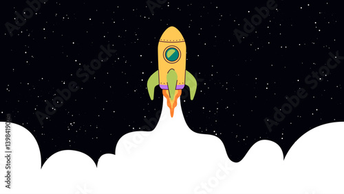 Flying rocket. Rocket ship with fire and smoke launch in the sky. Space background with stars. Vector illustration. Children's spaceship toy. Cartoon flat style design. Business, start up concept.