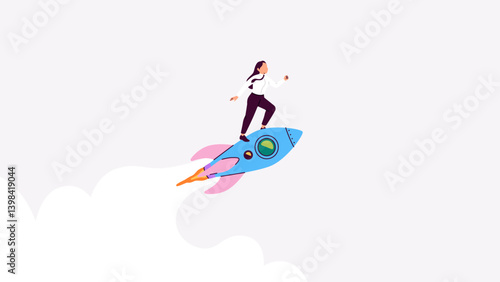 Obraz na płótnie Rocket flying up. Success. Woman in suit. Rocket ship with fire and smoke launch in the sky. Vector illustration. Cartoon flat spaceship icon. Business, start up concept. Successful businesswoman. w salonie