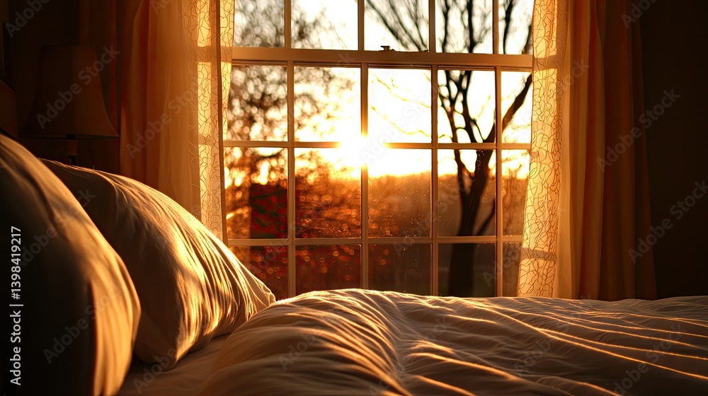 A sunlit bedroom scene with a bed and window at golden hour