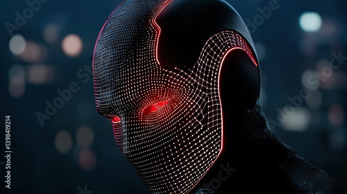 A futuristic face with red illuminated eyes and a textured surface
