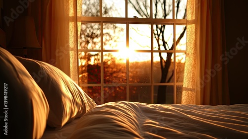 Obraz na płótnie A sunlit bedroom scene with a bed and window at golden hour w salonie
