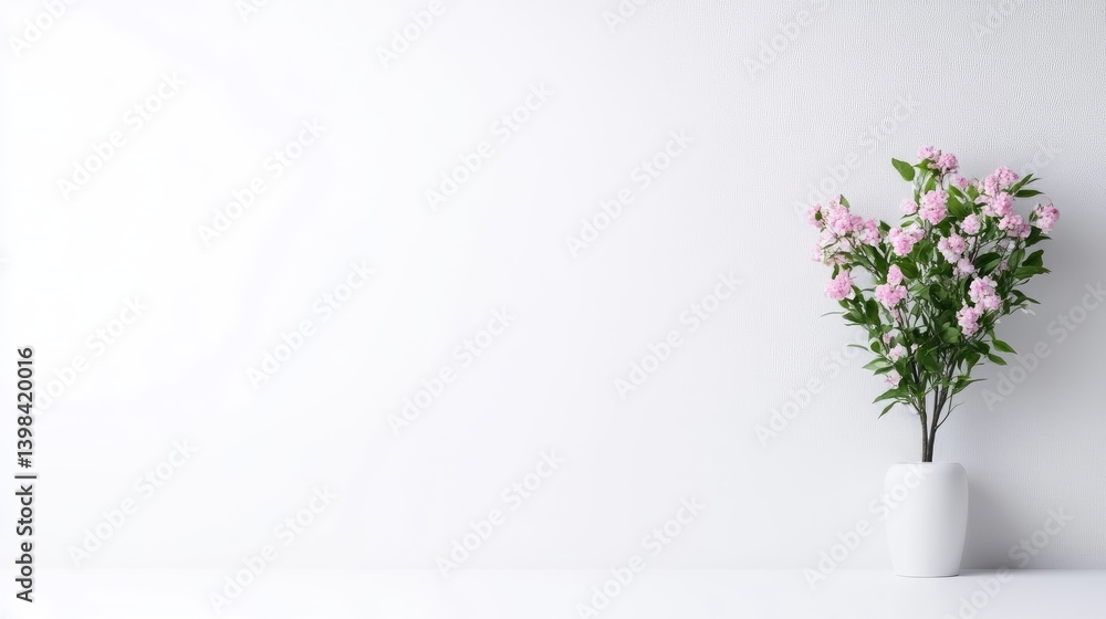 Fototapeta premium A white vase with pink flowers on a minimalist shelf, elegant floral arrangement in a bright and airy room, and modern interior design concept.