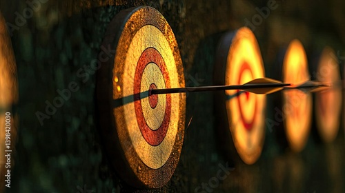Close up of multiple archery targets and a flying arrow