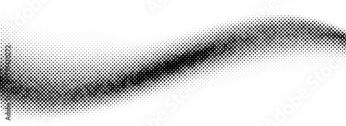 Black halftone wave background. Dotted curved flow wallpaper. Abstract grain fluid backdrop texture. Grit pop art swoosh element for poster, banner, overlay, template, brochure, flyer, leaflet. Vector