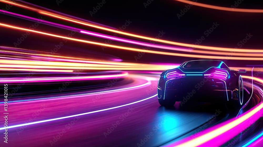 A futuristic car speeds through a neon lit vibrant environment A futuristic car speeds through a neon lit vibrant environment
