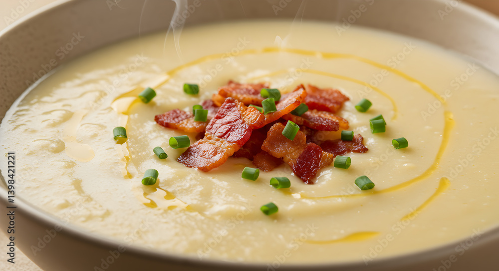 Bowl Of Creamy Potato Soup With Crispy Bacon And Fresh Chives