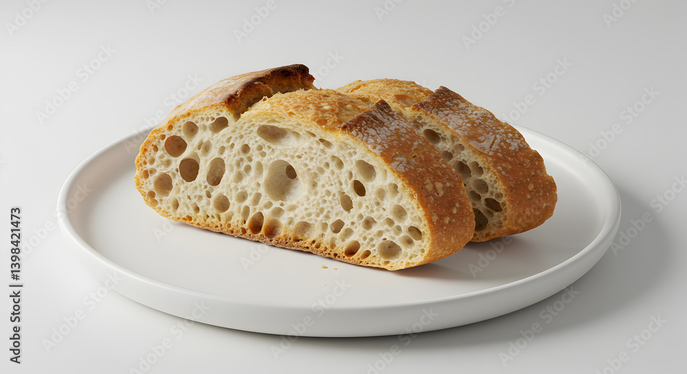 Slices Of Rustic Baguette Bread On White Plate Close Up View Slices Of Rustic Baguette Bread On White Plate Close Up View