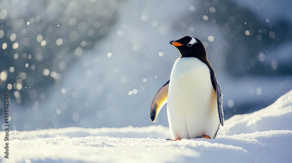 Naklejka premium A penguin standing in the snow with falling snowflakes