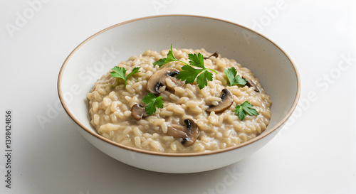 Bowl of Creamy Plant Based Mushroom Risotto on White Background