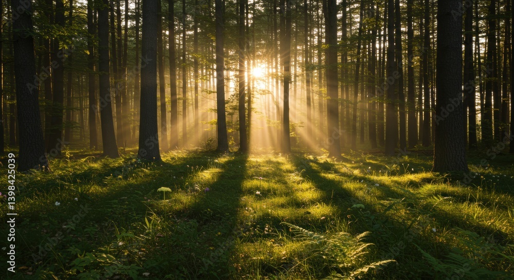 Obraz premium Sunlight streaming through a forest in morning