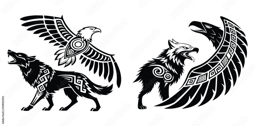 Fototapeta premium A fierce silhouette of a mythical creature combining a wolf and eagle, decorated with symmetrical tribal tattoos in ancient Mayan style, black vector art
