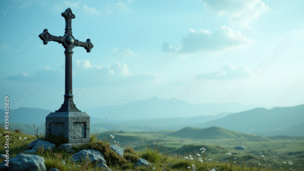 Christian cross on a hilltop with a breathtaking landscape. Christian cross on a hilltop with a breathtaking landscape.