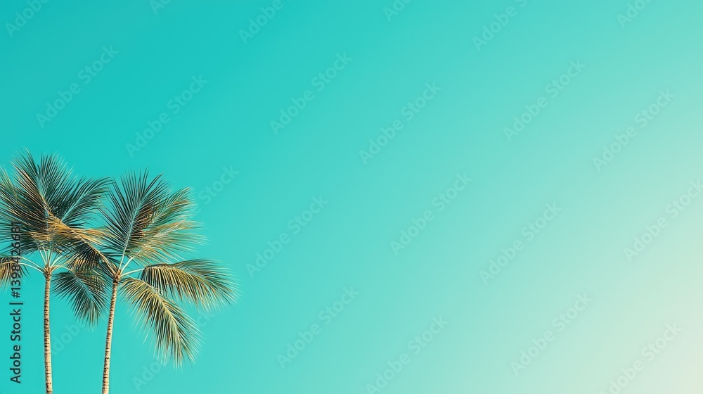 Fototapeta premium Green palm trees are set against a clear and bright blue sky