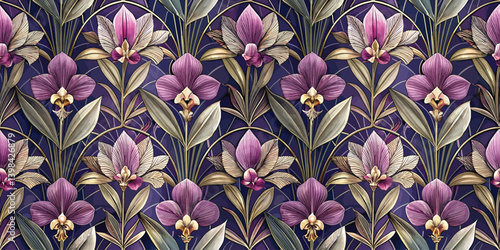 Beautiful floral pattern featuring purple orchids on a dark blue background.