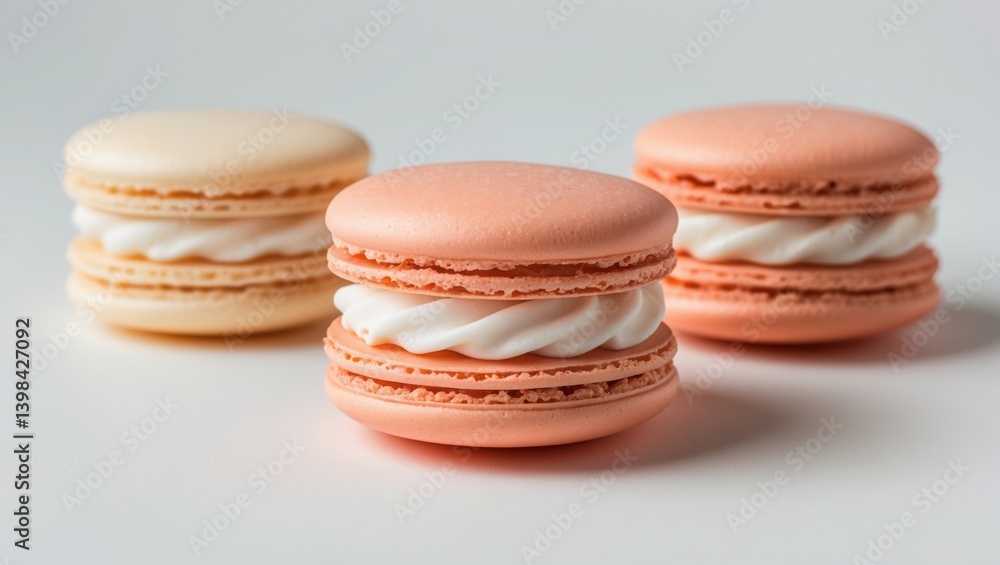 Three colorful macaron cookies on white background. Beige, peach, orange cookies filled with white cream. Three colorful macaron cookies on white background. Beige, peach, orange cookies filled with white cream.