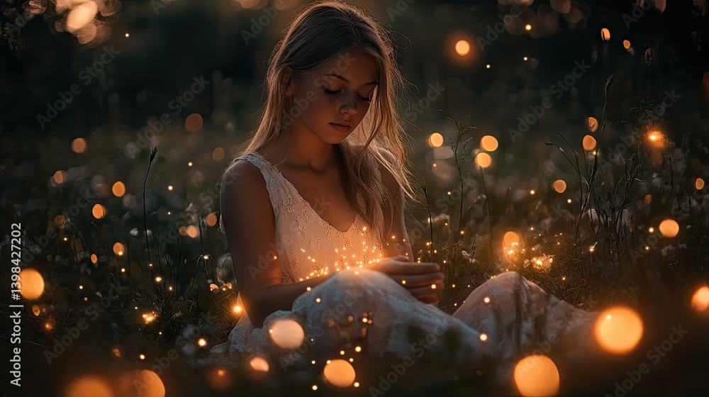 A young lady holds glowing orbs in a peaceful field A young lady holds glowing orbs in a peaceful field