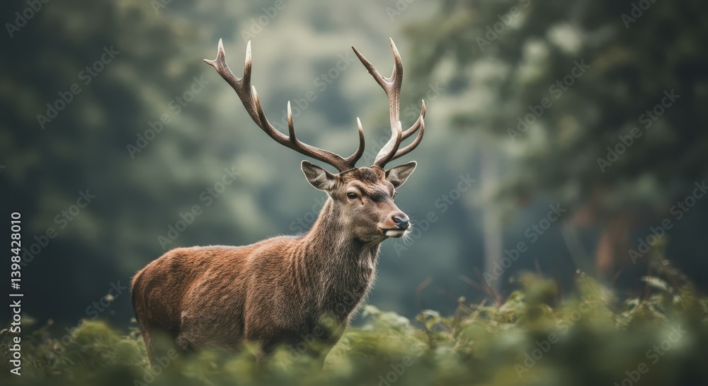 Obraz premium Red Deer Stag in Forest Setting, Majestic Animal in Natural Habitat for Wildlife Conservation and Autumn Season Designs, Outdoors Tranquility.