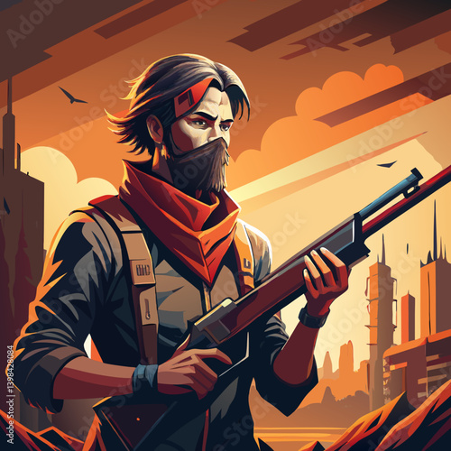 Post Apocalyptic Hero with Rifle in Futuristic Urban Landscape Vector Illustration
