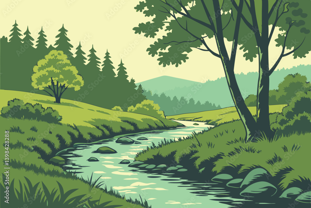 Fototapeta premium Serene Forest Stream with Lush Greenery Vector Illustration for Nature Projects