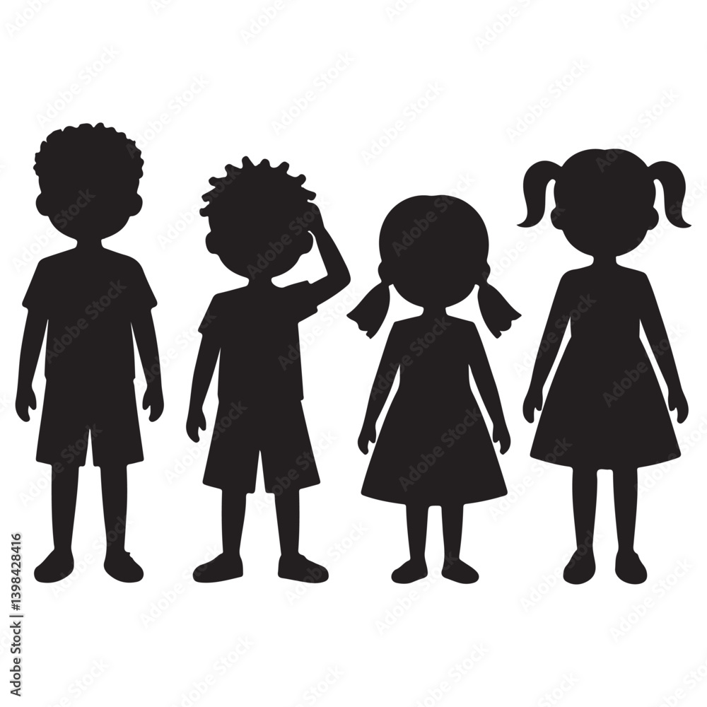 Young Children Standing Side By Side Black Silhouette Style Boys And Girl Young Children Standing Side By Side Black Silhouette Style Boys And Girl