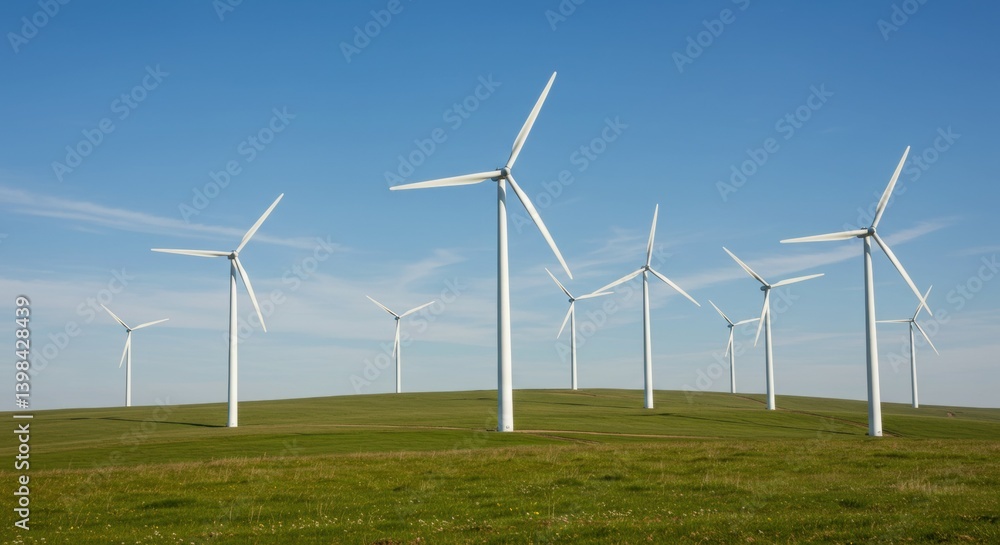 Wind turbines on grassy plain under blue sky Wind turbines on grassy plain under blue sky