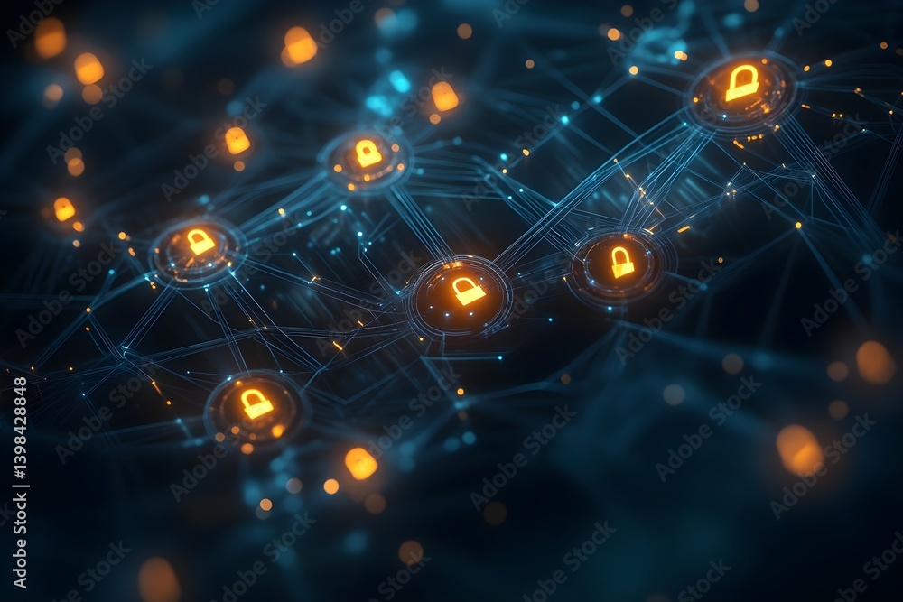Obraz premium A network of interconnected nodes with glowing padlock icons