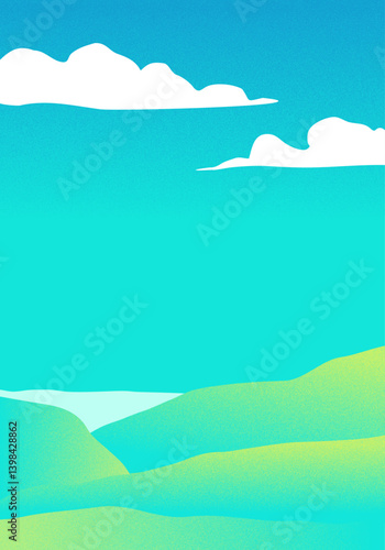 ノイズグラデーションの夏の高原と青空のベクター田舎風景背景イラスト