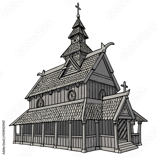 Detailed Vector Drawing of Historic Wooden Church Architecture Illustration