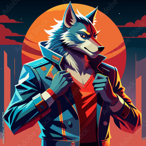 Retro Neon Wolf in Stylish Jacket Against Sunset Illustration