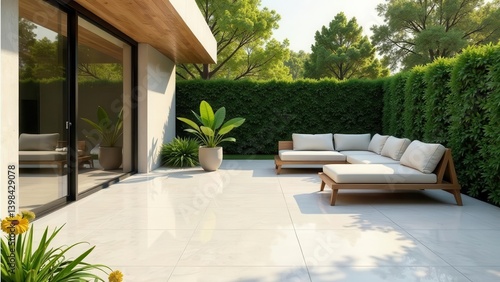Modern outdoor patio design with light-colored stone tiles, wooden sectional sofa, and lush green hedges providing privacy and serenity.