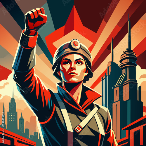 Empowerment Revolution Poster Style Woman with Raised Fist and City Skyline