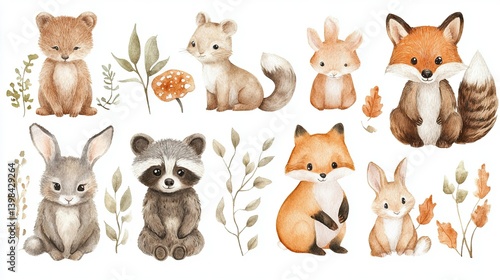 Watercolor Woodland Animals, Including Bears, Foxes, Bunnies, and Raccoons