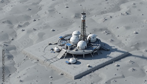 Futuristic Lunar Base Isometric 3D Render of Moon Habitat with Solar Panels and Communication Tower